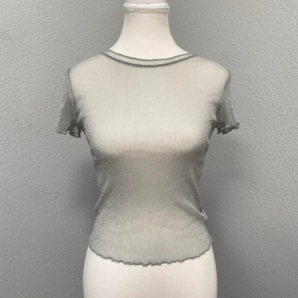 FB SISTER SILVER GREY MESH RUFFLE HEM SHEER SHORT SLEEVE TOP WHIMSIGOTH GRUNGE